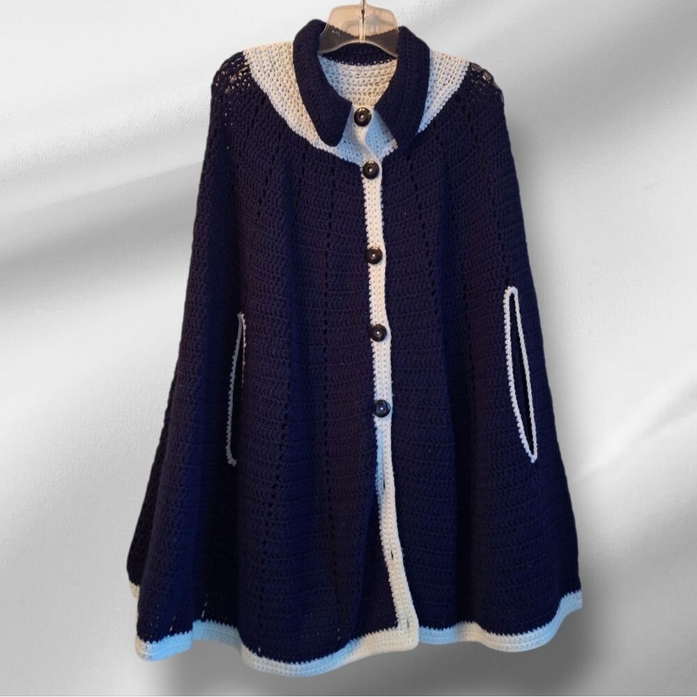 Vintage Handmade Blue & White Crochet. Poncho